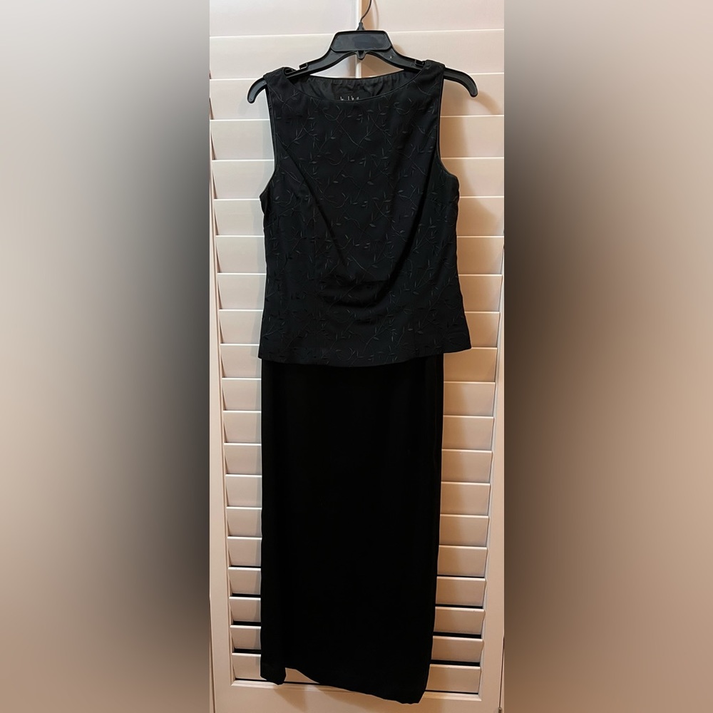 Vintage Nicole Miller embroidered sleeveless shell and satin floor length skirt